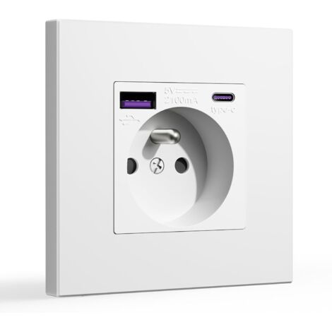 250V/16A Prise murale avec ports USB et Type-C – 5V/2.1A, panneau en plastique, prise électrique standard blanche, compatible iPhone, iPad et Galaxy