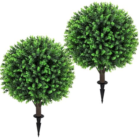 Lot de 2 topiaires boule d’eucalyptus rouge artificiel 24 pouces avec pique – Arbustes artificiels à feuilles persistantes pour décoration intérieure et extérieure (1/5)