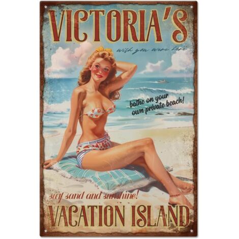 Plaque métallique en étain vintage de Pin Up Lady 20x30 cm, Plaque de porte de chambre en étain rétro drôle de vacances à la plage, Plaques de cave, Plaque d'art, Décoration murale pour les bars à la (1/5)