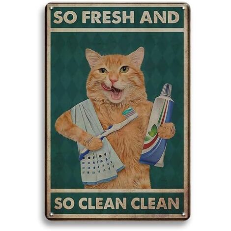 Décoration Murale de Salle de Bain à Chat, Plaques de Chat, Cadeaux pour les Amateurs de Chats, Chat Orange Se Brossant les Dents et Se Lavant le Visage, Décoration de Salle de Bain Bizarre, 30x20 Cm (1/5)