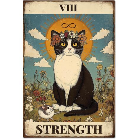 Plaque en étain "VIII STRENGTH" (VIII FORCE), Cartes de tarot de chat, Plaques en étain métalliques, Plaques en étain vintage 30x20 cm, Plaques de décoration murale drôles pour la décoration de maison (1/5)