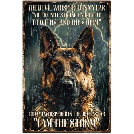Plaque en étain de berger allemand, Plaques en étain métalliques, Plaques en étain vintage 30x20 cm "I Am The Storm" (Je suis la tempête), Plaques de décoration murale drôles pour la décoration de mai (1/5)