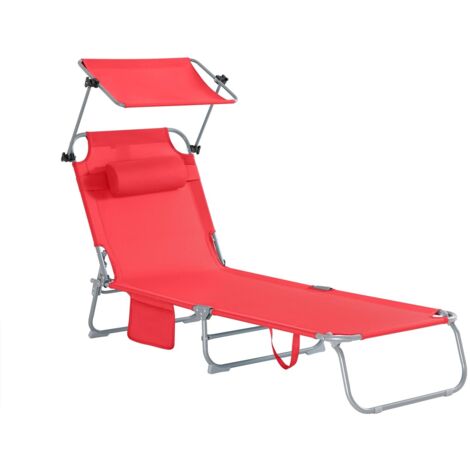 Transat Jardin Extérieur Pliable Bain de Soleil avec Oreiller Chaise Longue Relax avec Pare-Soleil et Poche Latérale Mobilier de Jardin pour Terrasse Plage Piscine 155x56x81cm, Rouge (1/5)