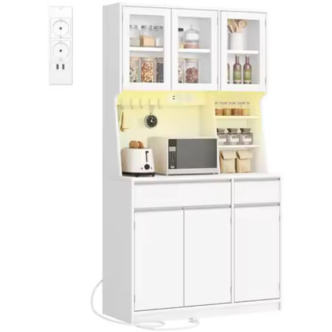 Armoire de cuisine blanche – Buffet avec prises et bande LED intégrées, plans de travail, 2 tiroirs et étagères réglables