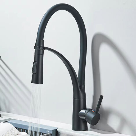 Mitigeur cuisine extractible noir – Bec caoutchouc douchette – Eau chaude/froide – Poignée unique (1/5)