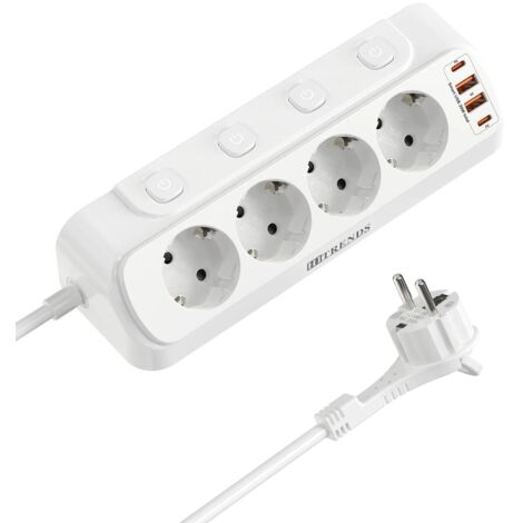 Prise UE Carte d'alimentation multifonction 4 prises 2 USB-A et 2USB-C Développement rapide Adaptateurs secteur Rallonge 2 m Joli indépendant Blanc (1/5)