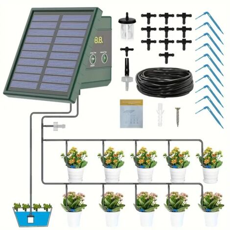 Système d'irrigation goutte-à-goutte automatique à énergie solaire, pour lits surélevés, serres, jardins végétaux, plantes suspendues sur balcon, DIY, 1 set (1/5)