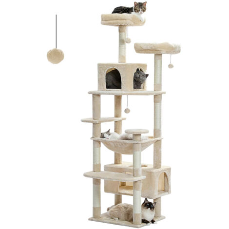 Condo tour 184 cm – Beige – Hamac très large – Colonnes sisal – Perche supérieure douce – Jouets inclus (1/4)