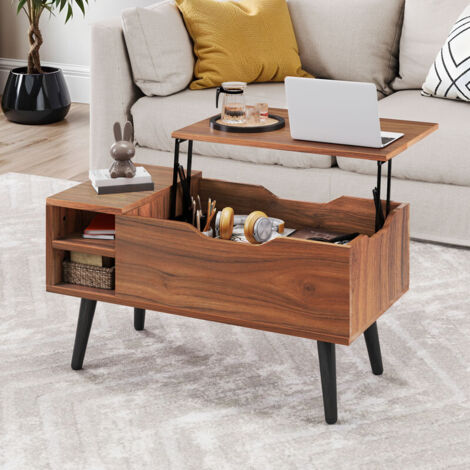 Table basse relevable en chêne rustique – Plateau à ressort avec rangement caché et étagère réglable, 80 × 40 × 61,5 cm, pour salon (1/5)