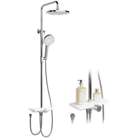 Ensemble de douche mural en acier inoxydable – Mitigeur eau chaude/froide avec douchette à main et étagère intégrée pour salle de bain (1/5)