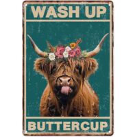 Plaque Métallique 20X30 Cm, Plaque de Fer Vintagée Drôle "Lave-toi, Chérie" avec Vache Écossaise pour Décoration Murale, Maison, Salle de Bain, Toilette