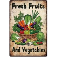 Plaque en étain métallique de fruits et légumes 20x30 cm "Fresh Fruits And Vegetables" (Fruits et légumes frais), Peinture en étain vintage, Plaques, Affiche murale, Plaque pour la décoration murale d