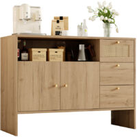 Sideboard 105×40×76 cm meuble cuisine rotin buffet 2 portes 3 tiroirs poignées dorées bois naturel style vintage