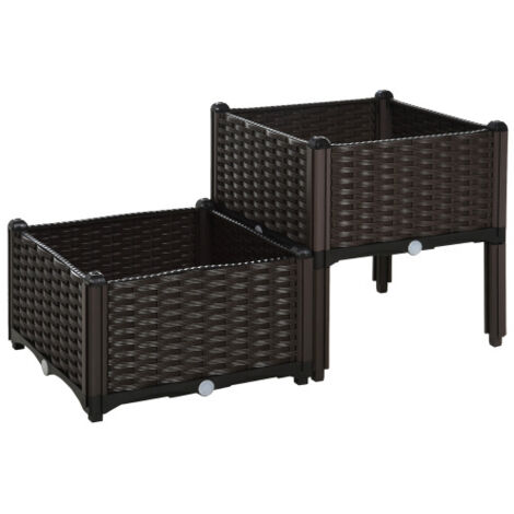 Jardinière surélevée double aspect rotin 80 x 40 x 44 cm avec trous de drainage en PP marron pour jardin ou balcon (1/5)