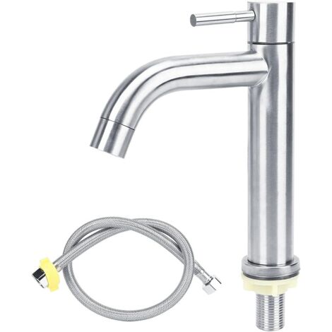 Robinet de salle de bain à bec courbé et finition brossée, robinet d'eau froide en acier inoxydable, mitigeur à levier unique avec flexible, adapté aux éviers et lavabos.