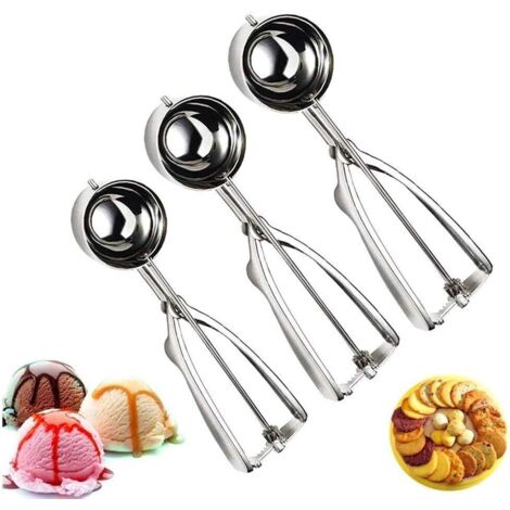 Eiskugelportionierer aus poliertem Edelstahl, Eislöffel/Portionierer mit Zangengriff, 3 verschiedene Größen: Groß (6 cm), Mittel (5 cm), Klein (4 cm)