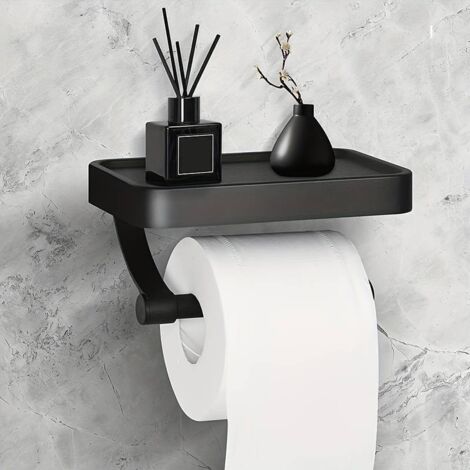 Toilettenpapierhalter aus Edelstahl mit integrierter Handyablage – Selbstklebender, wandmontierter Toilettenpapierrollenhalter für Bad und WC – Schwarzer Toilettenpapierhalter (1/5)