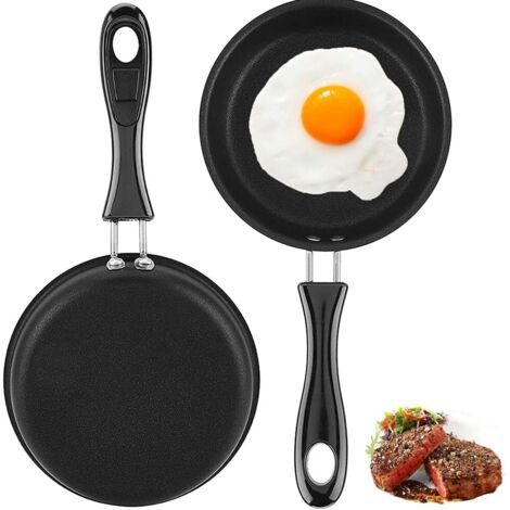 Set aus zwei kleinen, antihaftbeschichteten Omelettpfannen mit isolierten Griffen, ideal für Speck und Steak ein praktisches Küchenutensil fürs Frühstück. (1/5)