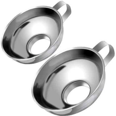 Set mit 2 Einwegtrichtern aus Edelstahl mit breiter Öffnung zum abfallfreien Umfüllen von Flüssigkeiten, Ölen, Pulvern und Marmeladen. (1/5)