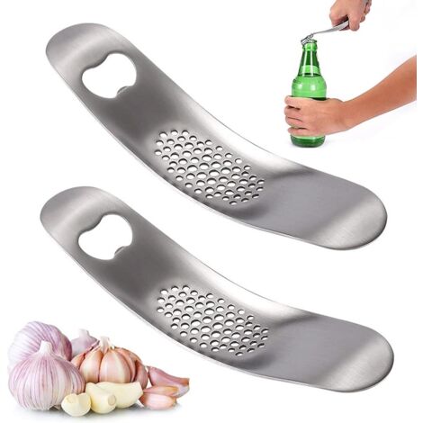 Set aus zwei gebogenen Knoblauchpressen aus Edelstahl für die Küche mit einem robusten und langlebigen Flaschenöffner, spülmaschinenfest. (1/5)