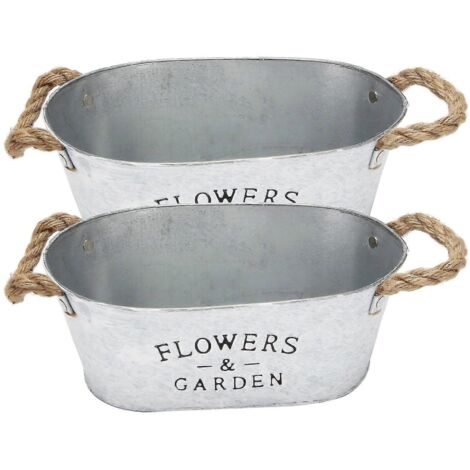 Ensemble de 2 jardinières rustiques en métal avec poignées, pots de style ferme pour plantes succulentes et herbes aromatiques, contenant des plantes vintage (1/5)