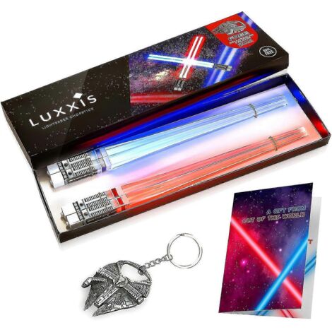 Baguettes lumineuses Otwoo en forme de sabre laser, idéales pour une fête à thème Star Wars [Lot de 2 paires rouges et bleues] avec ouvre-bouteille et cadeau.