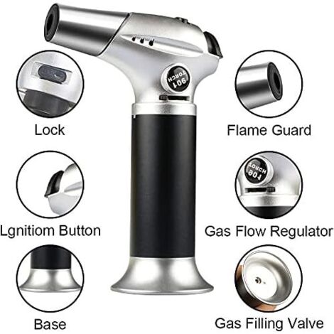 Chalumeau de cuisine professionnel avec verrouillage, flamme réglable, mini-chalumeau rechargeable pour barbecue, pâtisserie, crème brûlée, loisirs créatifs et autres travaux manuels. (1/3)
