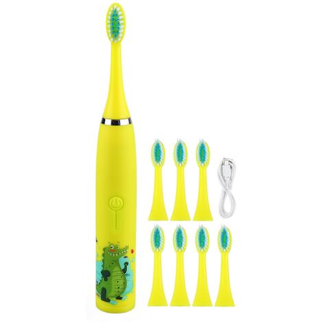 Brosse à dents électrique pour enfants - Jaune, rechargeable par USB, 4 vitesses, 8 têtes de brosse