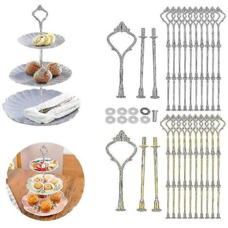 Kit de 10 accessoires pour présentoir à gâteaux à 3 étages, plateaux et fixations argentés. (1/4)