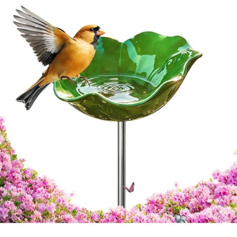 Bain d'oiseaux en forme de fleur métallique, mangeoire sur piquet et décoration de jardin pour terrasse et pelouse