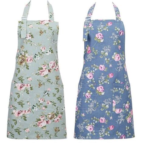 Lot de 2 tabliers de cuisine pour femmes, tabliers floraux réglables avec grandes poches
