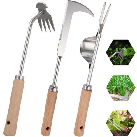 Lot de 3 désherbeurs portables avec manche en bois, désherbeurs de jardin épais en acier inoxydable, faciles à ranger (1/5)