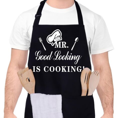 Tabliers humoristiques pour hommes, « Monsieur Beau Gosse cuisine », tablier de cuisine professionnel avec double poche ajustable (1/5)