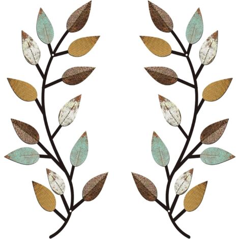 Lot de 2 décorations murales en métal (feuilles et branches d'olivier) pour salon et couloir