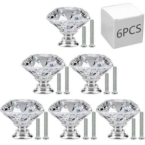6 poignées de porte de 30 mm en verre cristal en forme de diamant pour tiroirs, meubles de cuisine, de salle de bain et de bureau (1/5)