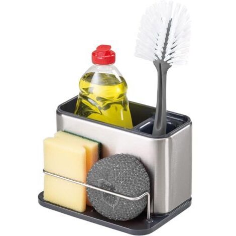Houhence – Rangement évier en acier inoxydable – Support brosse et éponge – Bac d'égouttement amovible – Drainage efficace – Grand modèle blanc (1/5)