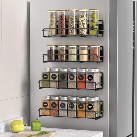 Lot de 4 étagères magnétiques à épices pour réfrigérateur et micro-ondes, étagère métallique pour la cuisine, noir (1/5)