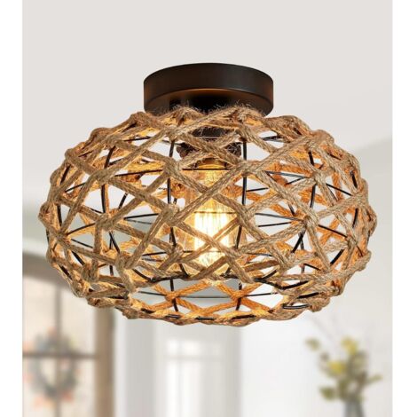 Plafonnier semi-encastré style bohème, rotin tressé Luminaire rustique, plafonnier vintage en rotin tressé, avec structure ajourée, idéal pour les couloirs, salons, salles à manger, chambres et bureau (1/5)