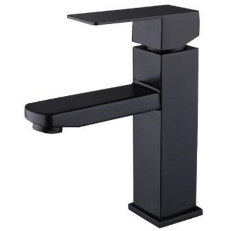 Robinet de lavabo eau chaude/eau froide, Robinet de lavabo de salle de bain carré monotrou en acier inoxydable et érable + tuyau d'arrivée d'eau de 60 cm (1/3)