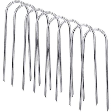 Lot de 8 piquets de sécurité en acier galvanisé, robustes, en forme de U, avec extrémités pointues, pour trampolines, buts de football, tentes de camping et décorations de jardin. (1/5)