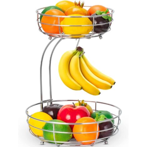 Corbeille à fruits à deux étages avec banane, idéale pour la cuisine, bols en métal pour fruits, légumes, en-cas et cupcakes - Argenté (1/5)