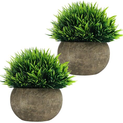 Mini plantes artificielles en pot (lot de 2) - Faux arbustes topiaires en gazon vert avec pot gris (1/5)