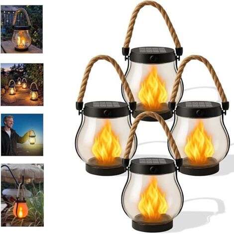 Lot de 4 lanternes solaires d'extérieur étanches avec flammes clignotantes, avec corde en chanvre, idéales pour les jardins et les cours