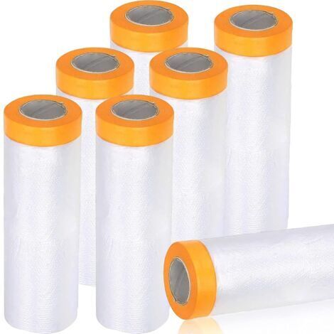 8 rouleaux de feuilles de poussière en plastique, 1.1m x 20m film de masquage pré-adhésif, rouleaux de film de masquage imperméable, feuilles de poussière en plastique pour la peinture, meubles (1/5)