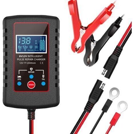 Chargeur de Batterie de Voiture 1,75 A, 6 V et 12 V, Chargeur de Batterie Intelligent entièrement Automatique, Chargeur d'entretien, désulfateur de Batterie pour Voiture, Tondeuse à Gazon, Moto (1/5)