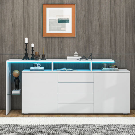 Buffet en bois blanc brillant avec éclairage LED,meuble de salon multifonctionnel,armoire TV et buffet pour salle à manger