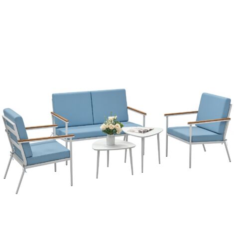 Salon de jardin extérieur pour 4 personnes, salon de balcon avec 5 éléments comprenant un canapé, 2 fauteuils et 2 tables basses bleu clair (1/5)