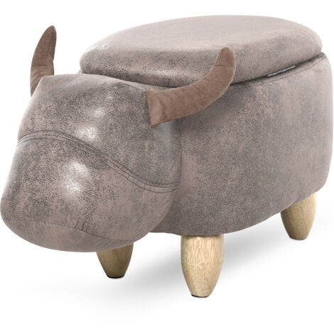 Tabouret repose-pieds animalier, tabouret de rangement buffle, décoration mignonne, structure en bois, pieds avec couvercle rembourré, pouf, meuble marron (1/5)