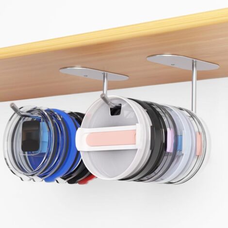 Lot de 2 range-couvercles de gobelets Horizontal - Fixation sous meuble auto-adhésive, gain de place, contient plusieurs couvercles, acier argent (1/5)