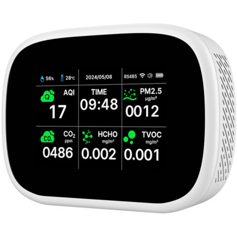Détecteur de qualité de l'air Tuya WiFi 10 en 1, portable et domestique : mesure de l'IQA (PM2.5, PM1.0, PM10, CO2, TVOC, HCHO), écran TFT, fonction temps, température et humidité.